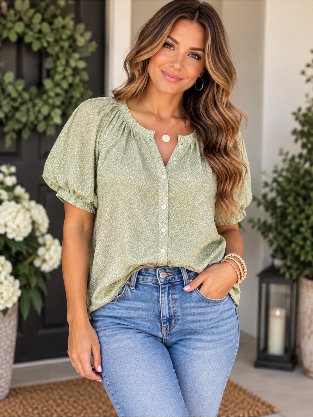 Universal Thread Sage Green Blouse Puff Sleeve Cottagecore Casual Top